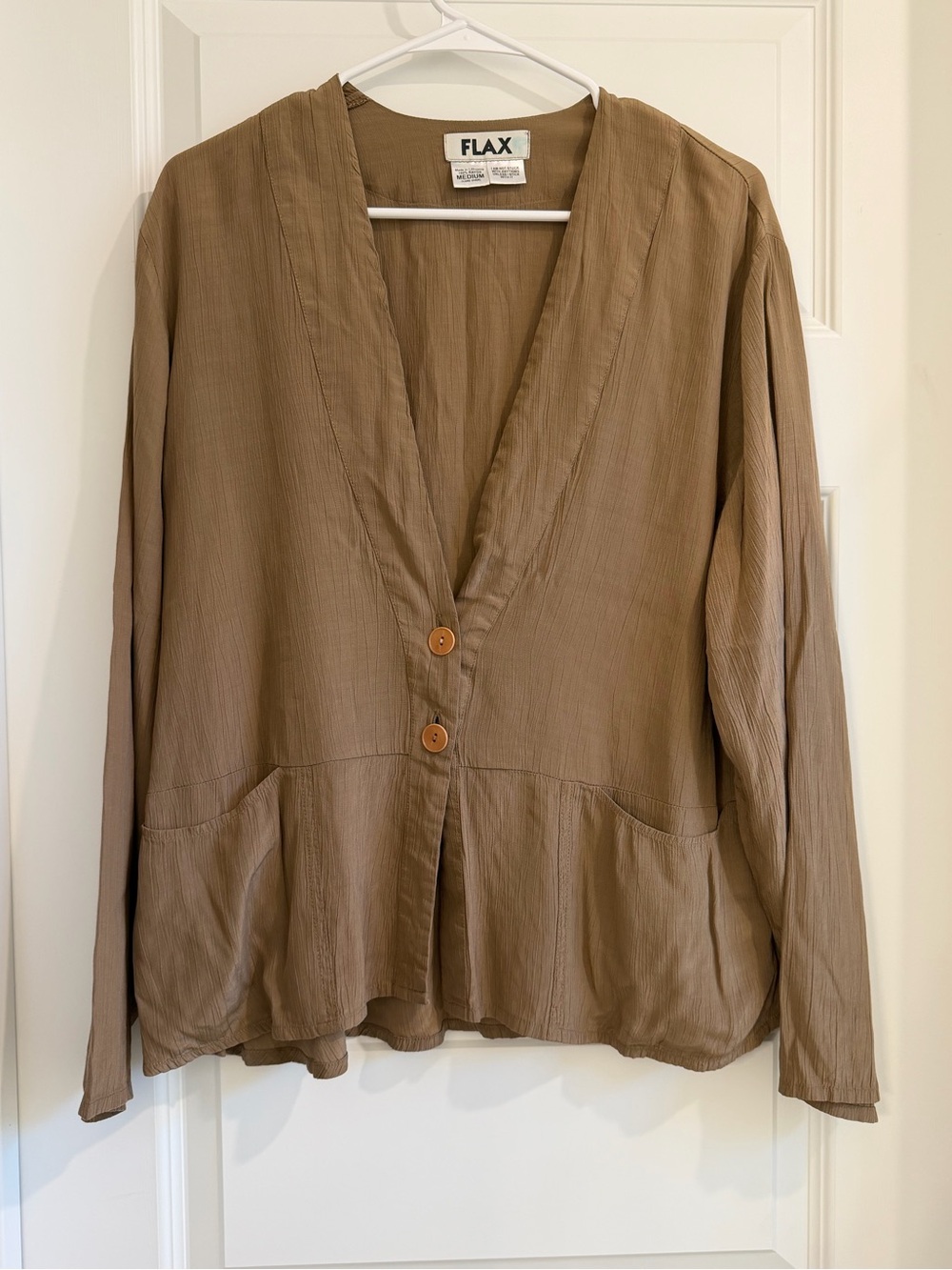 FLAX Lightweight Taupe Button-Front V-Neck Blouse